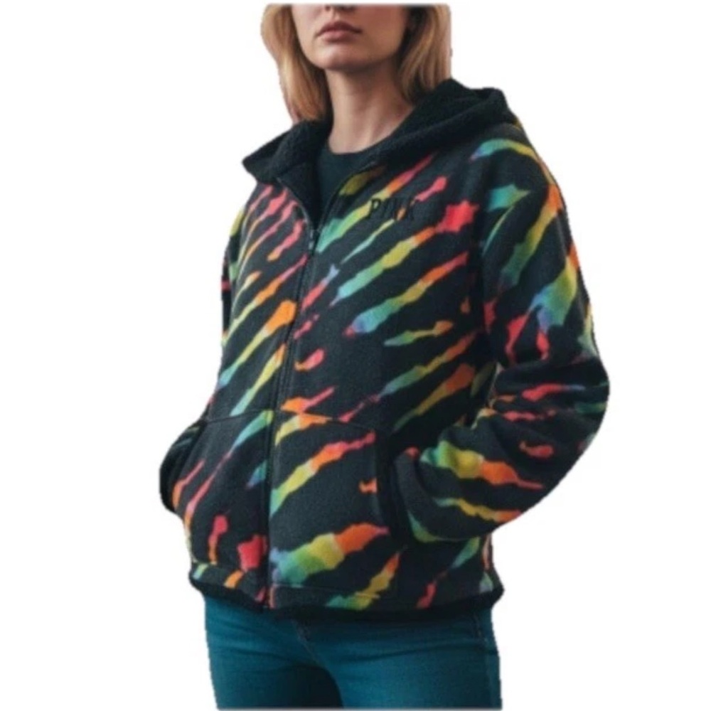 Victoria Secret Pink Y2K reversible Sherpa rainbow full zip hoodie Women's M